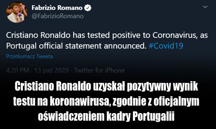 Cristiano Ronaldo zakażony koronawirusem!